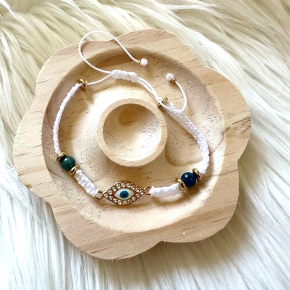 Jewelry - Handmade Evil Eye White Adjustable String Bracelet With Natural Blue Apatite